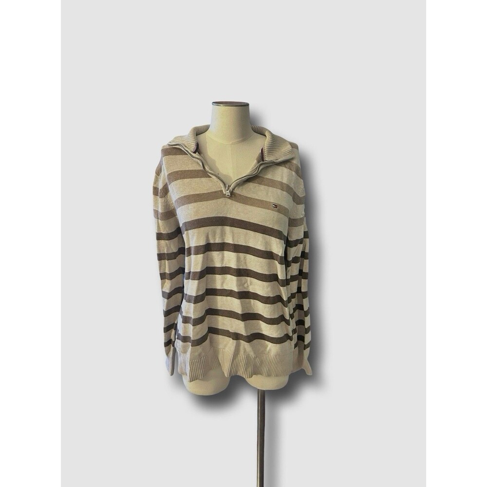 Tommy Hilfiger Men's XL Striped 1/4 Zip Mock Neck Sweater Beige Brown Cotton